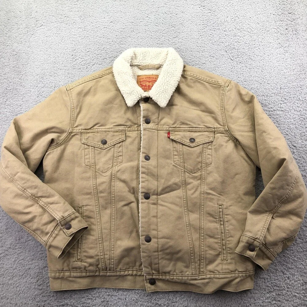 Levi's Jacket Mens Large Beige Canvas Sherpa Lined Trucker Button Front Workwear